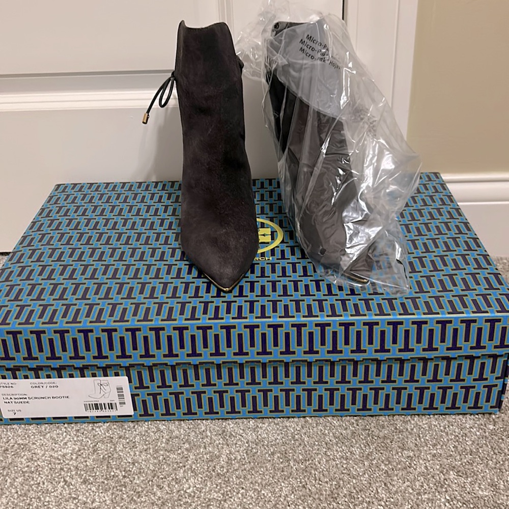 Tory Burch grey suede booties, size 7